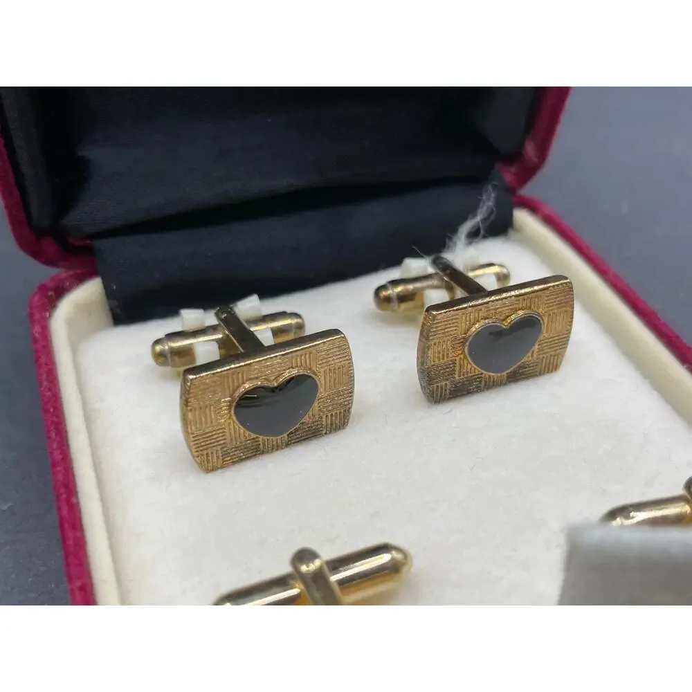 Swank & Fratello Men's Cufflinks Tie Clip Gold Tone Black Enamel Heart Lot of 2